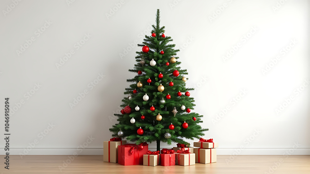 Poster Beautiful Christmas tree on wooden floor decorated with baubles and presents in white wall space with lots of empty area around it.