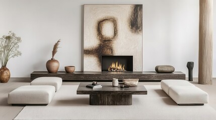Modern living room featuring minimalist design elements, natural tones, and a cozy fireplace for a serene atmosphere.