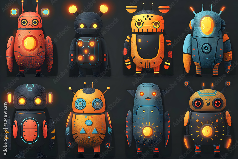 Poster set of eight cartoon robots with different designs and colors.