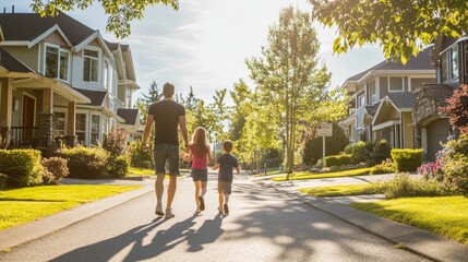 Happy Family Strolling Down Serene Suburban Street on a Sunny Day