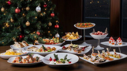 A Christmas dinner table is lavishly set with a variety of dishes and snacks, complemented by New Year's decorations and featuring a beautifully adorned Christmas tree in the background