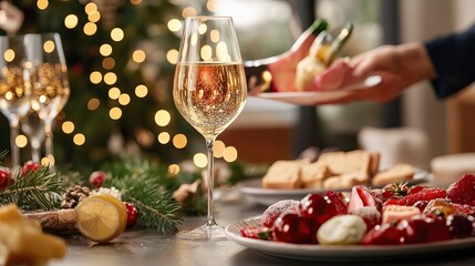Champagne on holiday table with festive decorations, dining for special gatherings and parties, print for celebrating Christmas or New Year