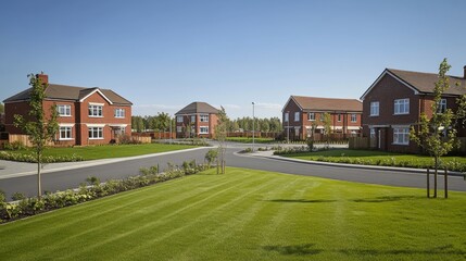 Obraz premium Tranquil Suburban Living in a Modern Housing Estate with Lush Green Lawns