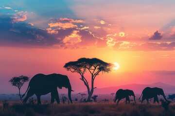 Fototapeta premium Elephants traverse the golden savanna under a stunning sunset, creating a breathtaking silhouette against the colorful horizon. Generative AI