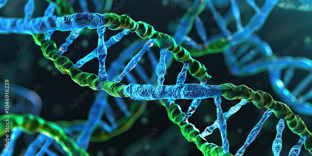 Poster a microscopic view of double-stranded dna, showcasing its intricate helical structure in vivid blue 