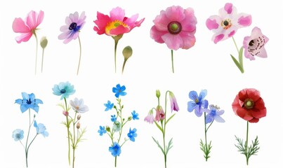 Collection of summer flowers painted in grunge oil painting style. Isolated on white background