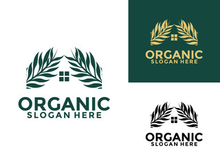 Green House with Nature Leaves logo design template, Organic Home Logo design vector