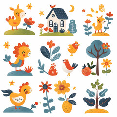 A collection of cute cartoon illustrations featuring animals, flowers, trees, and a house on a white background.