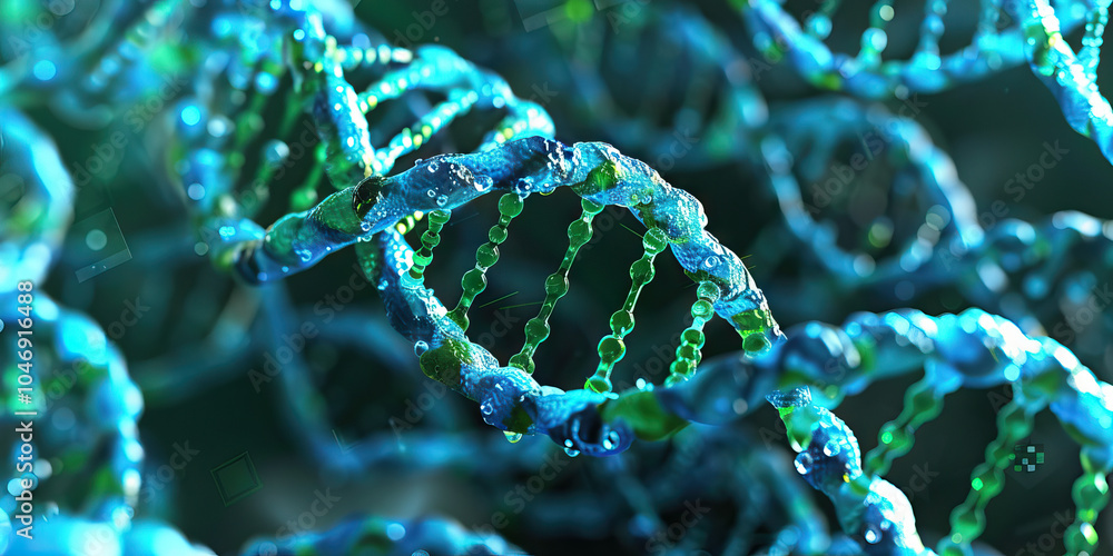 Poster a microscopic view of double-stranded dna, showcasing its intricate helical structure in vivid blue 