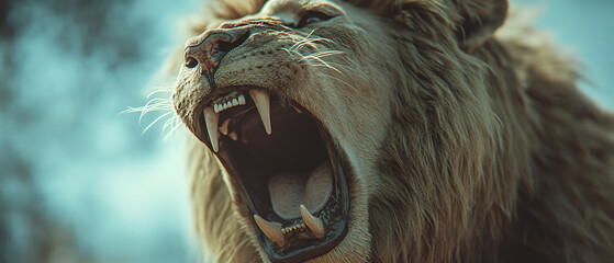 Fototapeta premium Majestic Lion Roaring with Open Mouth and Sharp Teeth