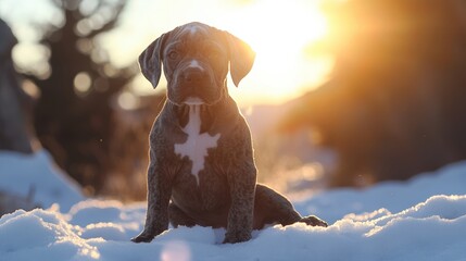 Puppy in Snow Sunset.