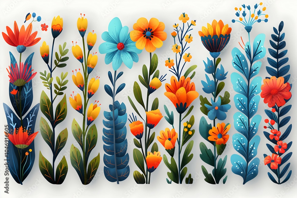 Poster a collection of colorful floral elements, perfect for design projects and adding a touch of nature t