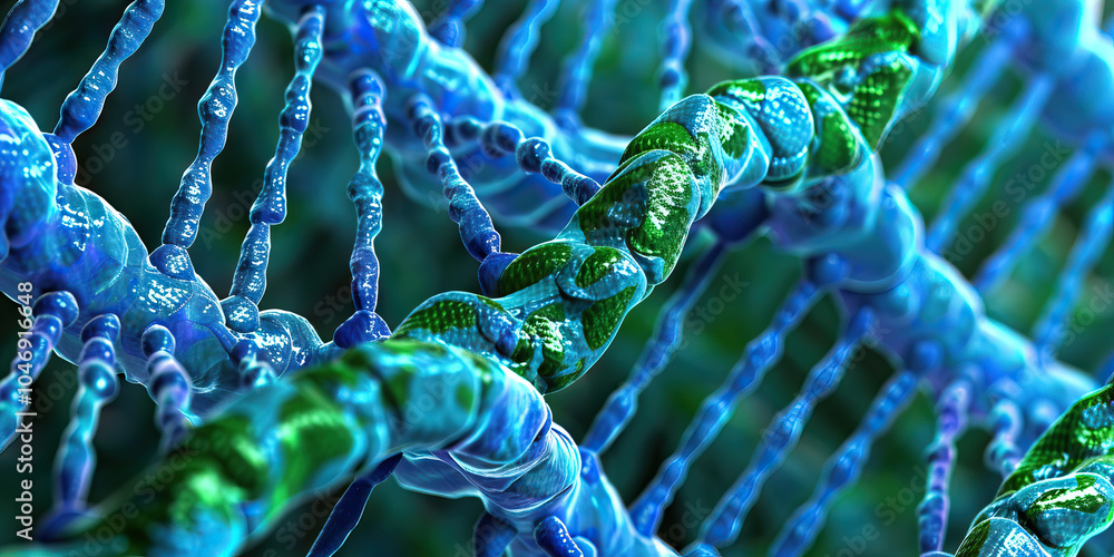 Poster a microscopic view of double-stranded dna, showcasing its intricate helical structure in vivid blue 
