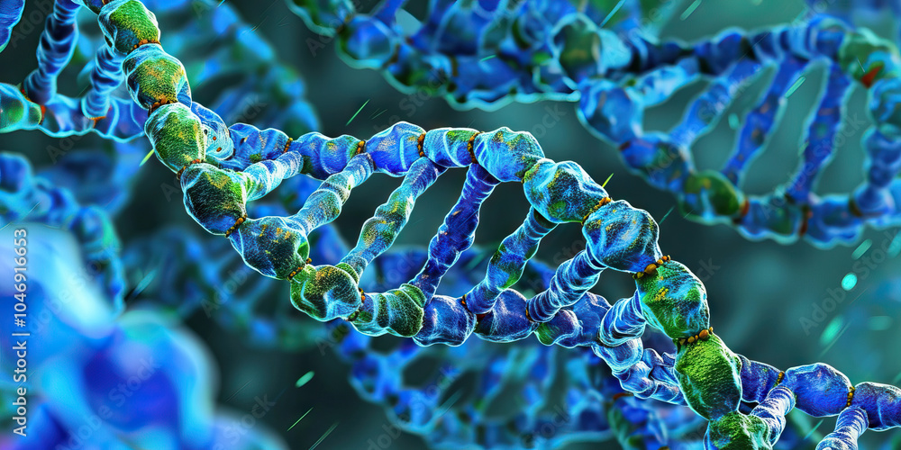 Poster a microscopic view of double-stranded dna, showcasing its intricate helical structure in vivid blue 