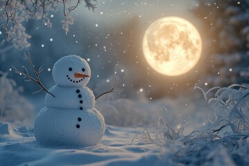 Obraz premium A Snowman Stands Alone Under a Full Moon in a Snowy Forest