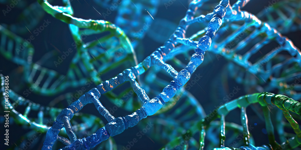 Poster a microscopic view of double-stranded dna, showcasing its intricate helical structure in vivid blue 