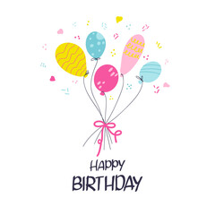 Happy Birthday hand drawn flat vector illustration. Bunch of multicolor balloons. Greeting card