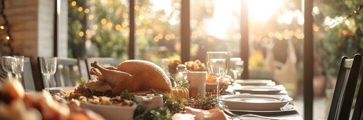 Fototapeta premium American traditional golden roasted turkey with cranberry sauce for Thanksgiving or Christmas dinner. Family dinner. Festive table with food and drinks for holiday celebration