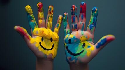 A detailed shot of open hands painted with cheerful smiley faces in multiple colors, fingers extended against a plain background, conveying a playful and positive theme.