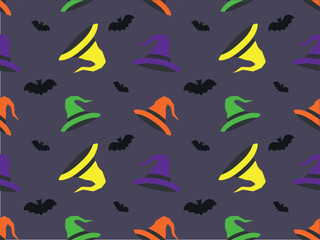 Seamless pattern with witch hat. Multicolored wizard hats, bat design element