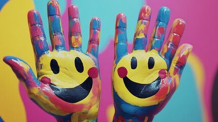 A detailed shot of open hands painted with cheerful smiley faces in multiple colors, fingers extended against a plain background, conveying a playful and positive theme.