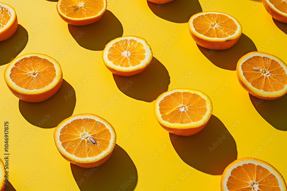 Poster row of oranges with one cut open. the oranges are arranged in a pattern on a yellow background