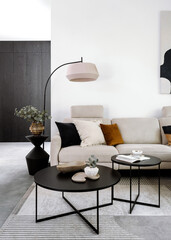 Modern living room design featuring elegant furniture and minimalist decor in bright, airy space