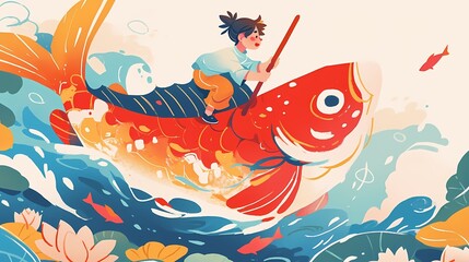 Obraz premium Traditional Chinese New Year child and carp illustration poster background