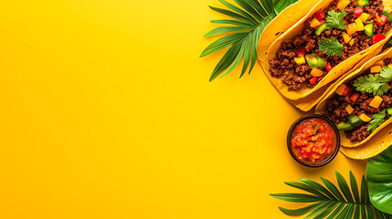 Tacos with meat and vegetables on a vibrant yellow background with palm leaves.