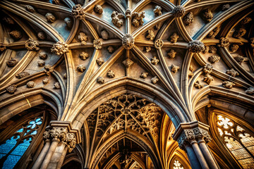 A stunning view of an intricately designed Gothic ceiling featuring ornate arches, detailed stonework, and beautiful lighting.
