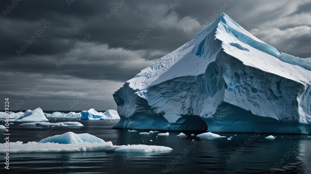 Poster a large iceberg floats in the ocean with smaller icebergs in the foreground under a dramatic cloudy 