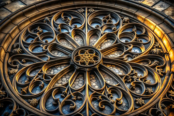 Obraz premium A detailed, ornate circular window with intricate floral designs, highlighted by warm lighting, showcasing architectural beauty.