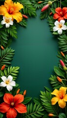 Fototapeta premium Flower border, tropical mood, featuring vibrant blossoms and leaves on a green background copy space 