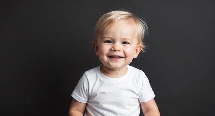 Naklejka premium blonde toddler boy black background wearing plain white tshirt smiling happy portrait