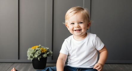 blonde toddler boy black background wearing plain white tshirt smiling happy portrait