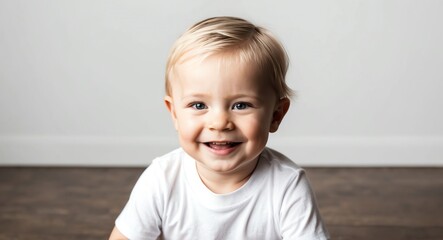 Fototapeta premium blonde toddler boy white background wearing plain white tshirt smiling happy portrait