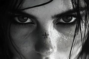 Fototapeta premium A striking close-up of a woman's face, showcasing intense eyes with a dark artistic element on her nose, highlighting raw emotion and a captivating aesthetic.