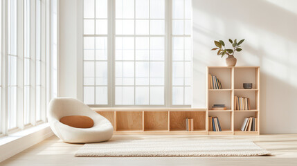 Cozy modern living room with a round white chair, wooden bookshelf and natural light streaming through large windows