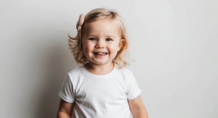 Naklejka premium blonde toddler girl white background wearing plain white tshirt smiling happy portrait