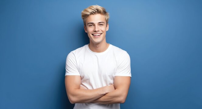 blonde young man blue background wearing plain white tshirt smiling happy portrait