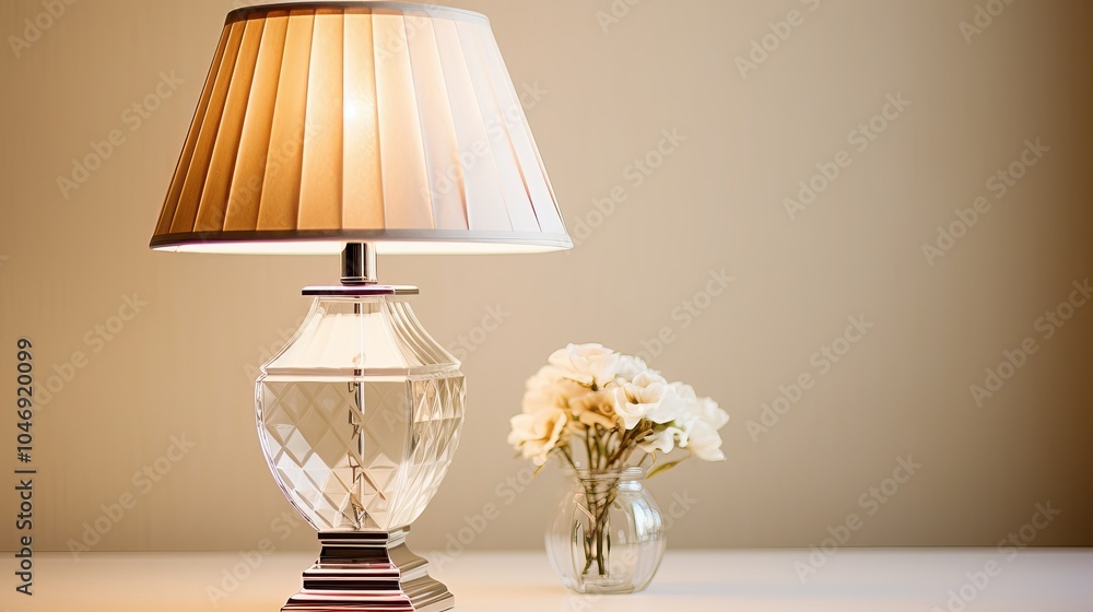Poster elegant crystal lamp with a pleated shade illuminating a small flower vase on a simple table