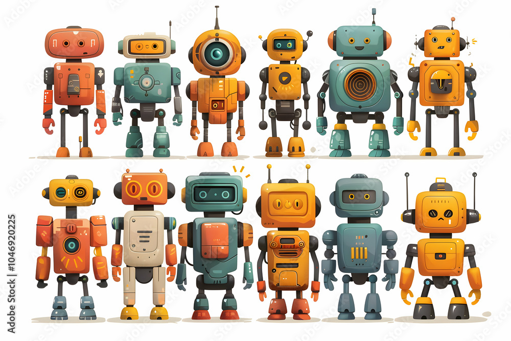 Poster a set of 12 cartoon robots, each with unique designs and colors. they are all standing in a row, wit