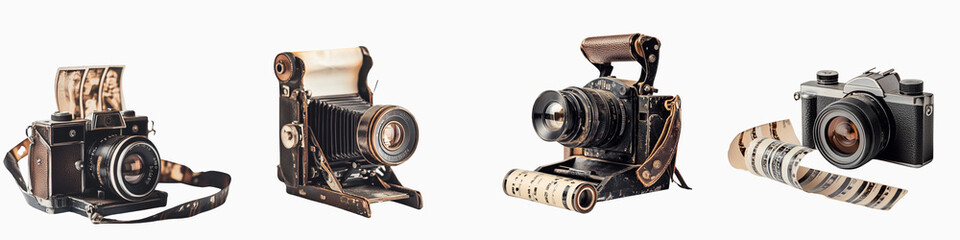 set of A vintage camera with a leather case, image of an old camera with a leather case, a classic camera with a leather case, camera: equipped with a leather case , on a transparent backgrounds