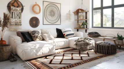 A cozy and eclectic living room design accentuated by a white canvas backdrop, Carefully arranged minimalist furniture with eclectic accents, Boho-chic style