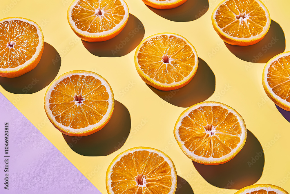 Poster close up of several oranges with the light shining on them. the oranges are cut in half and arranged