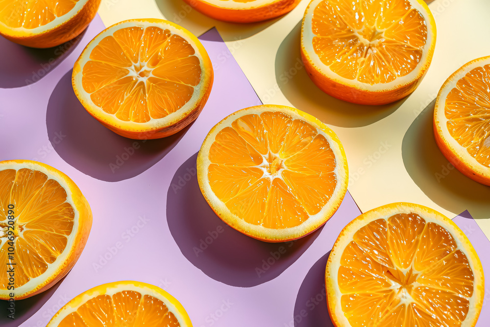 Poster close up of several oranges with the center one cut in half. the oranges are arranged in a row on a 