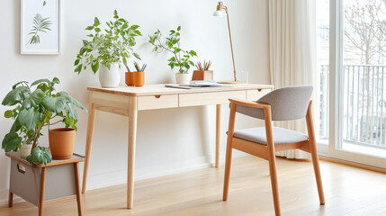 Modern home office setup featuring a light wooden desk, potted plants, and cozy chair in a bright, airy room