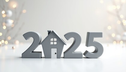 A 2025 house figurine against holiday lights represents real estate trends for the upcoming year. Concept for property market analysis, housing costs, investments, and home rent in 2025.