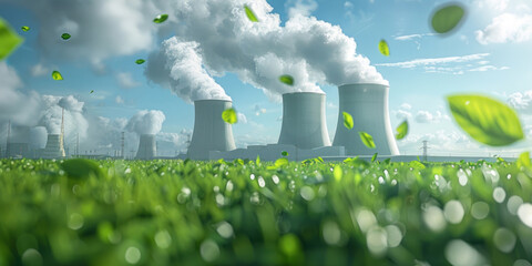 A nuclear power plant with green leaves flying around it, creating an eco-friendly and sustainable energy concept against a blue sky with white clouds.