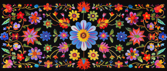 Top view of an embroidered pattern inspired by traditional Persian and Slavic folk art styles, vibrant colors, and symmetrical composition.